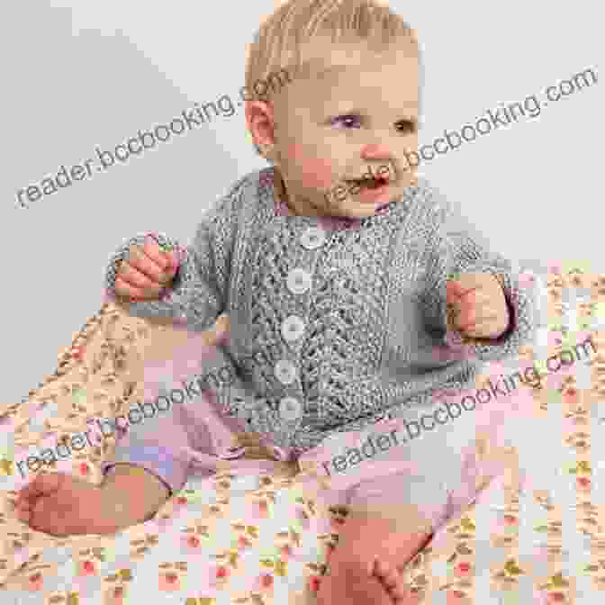 Child Wearing A Knitted Cardigan With A Lace Pattern Knitting Pattern KP452 Childs Cardigan 3 Sizes USA Terminology